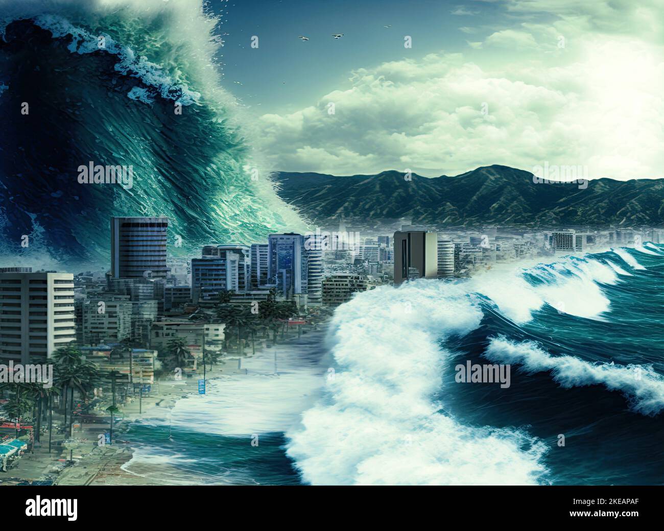 A climate change-induced massive mega-tsunami inundates a coastal city next to the ocean with 100 feet waves. Natural disasters and tragedies have Stock Photo