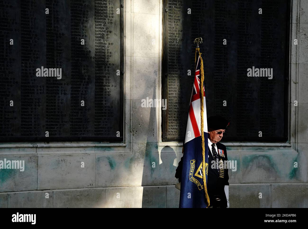 A standard bearer during an Armistice Day service to mark the