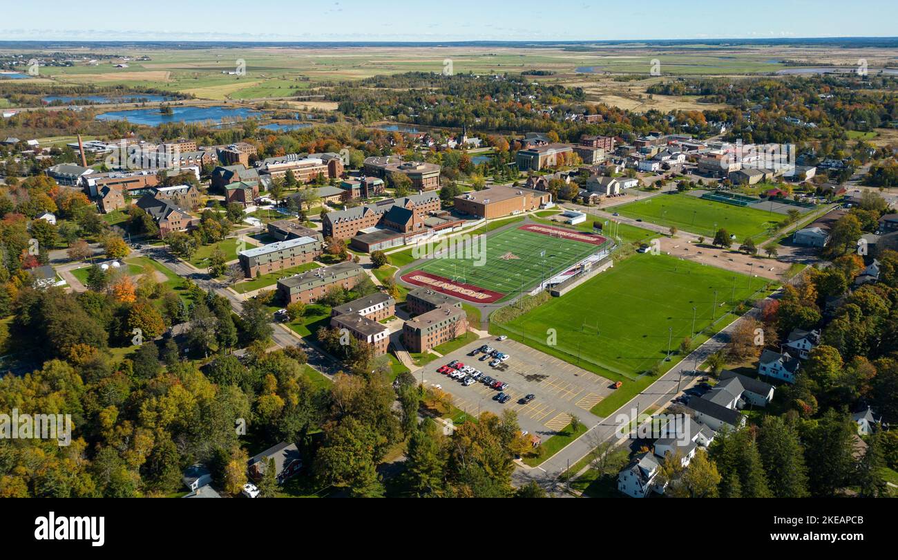 An aerial drone photo of the Mount Allison University Campus and all