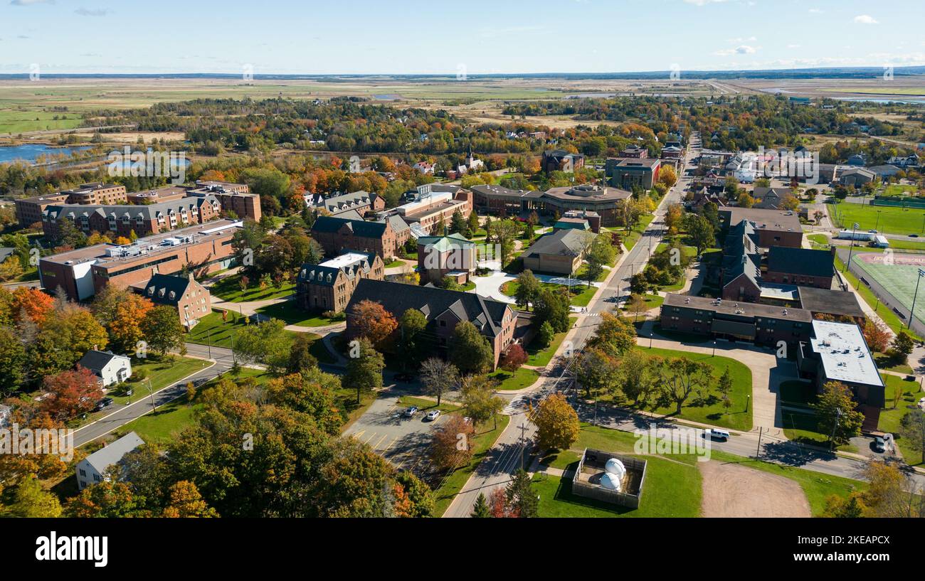An aerial drone photo of the Mount Allison University Campus and all