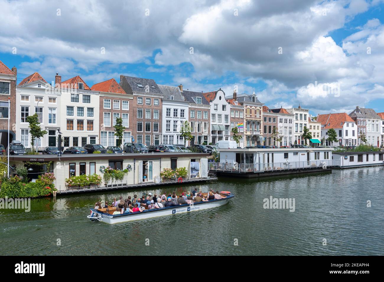 Cityscape with houseboats at Londensekaai, Middelburg, Zeeland, Netherlands, Europe Stock Photo