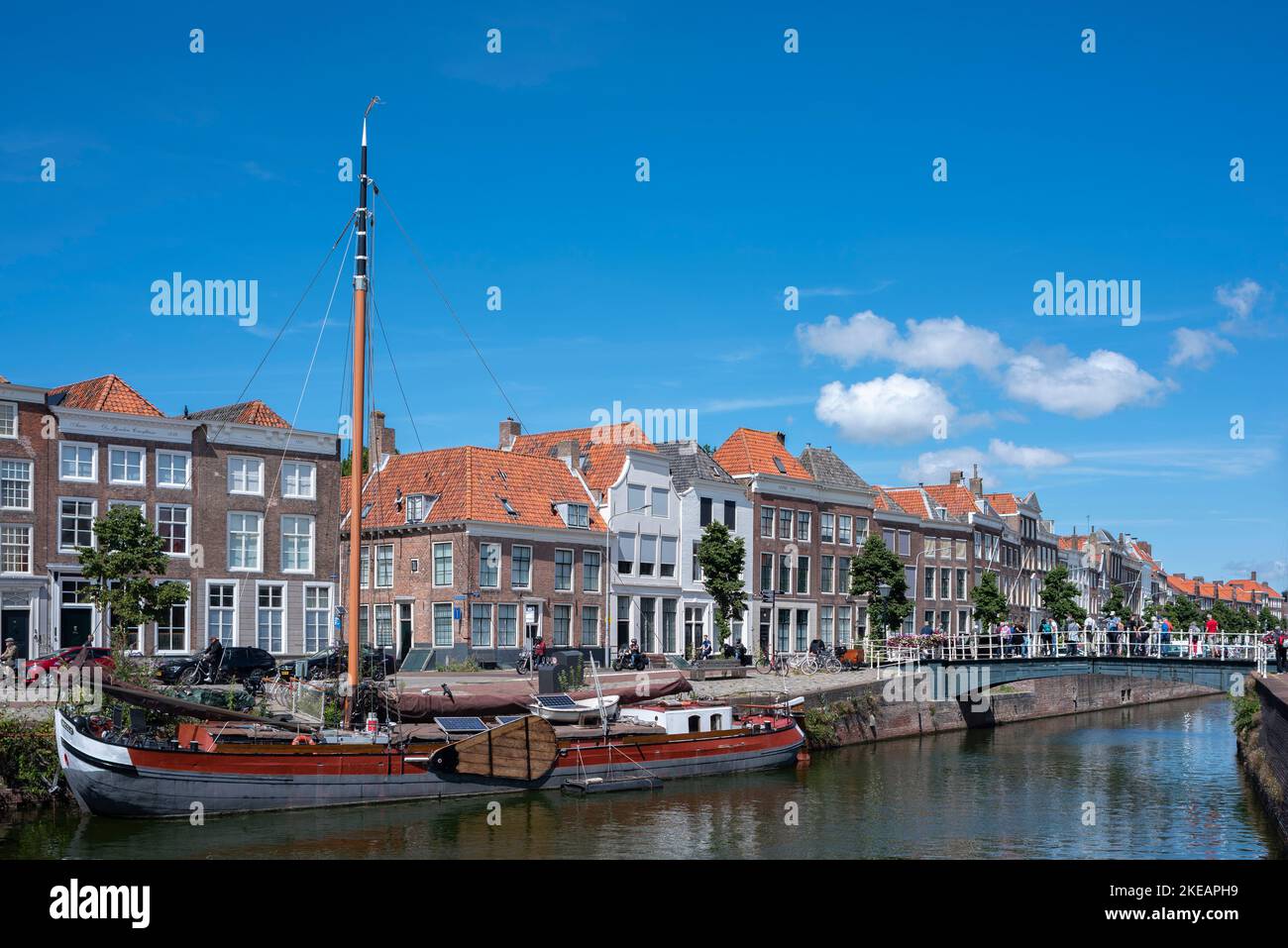 Cityscape with traditional flat-bottomed sailing boats on the Bierkaai,, Middelburg, Zeeland, Netherlands, Europe Stock Photo