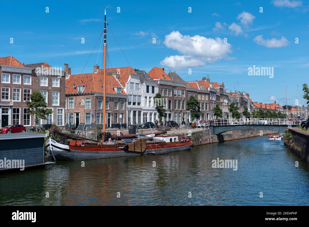 Cityscape with traditional flat-bottomed sailing boats on the Bierkaai,, Middelburg, Zeeland, Netherlands, Europe Stock Photo