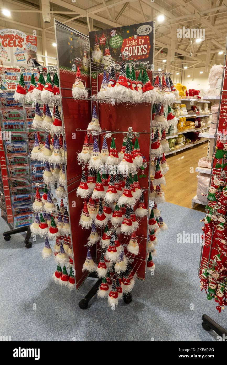 Christmas stand with Gonks that light up as Christmas decorations at a