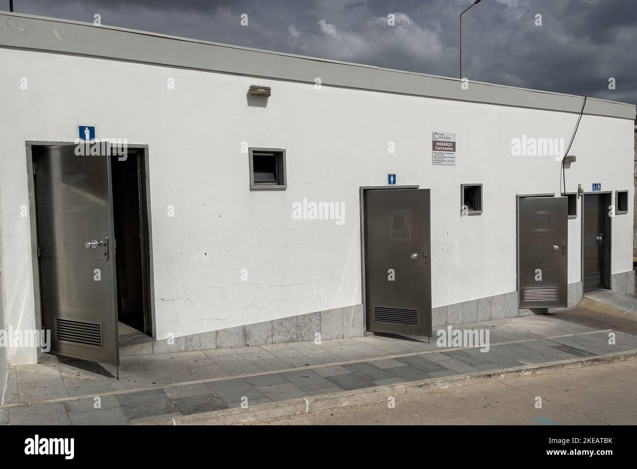 Public toilets with the doors open Stock Photo Alamy