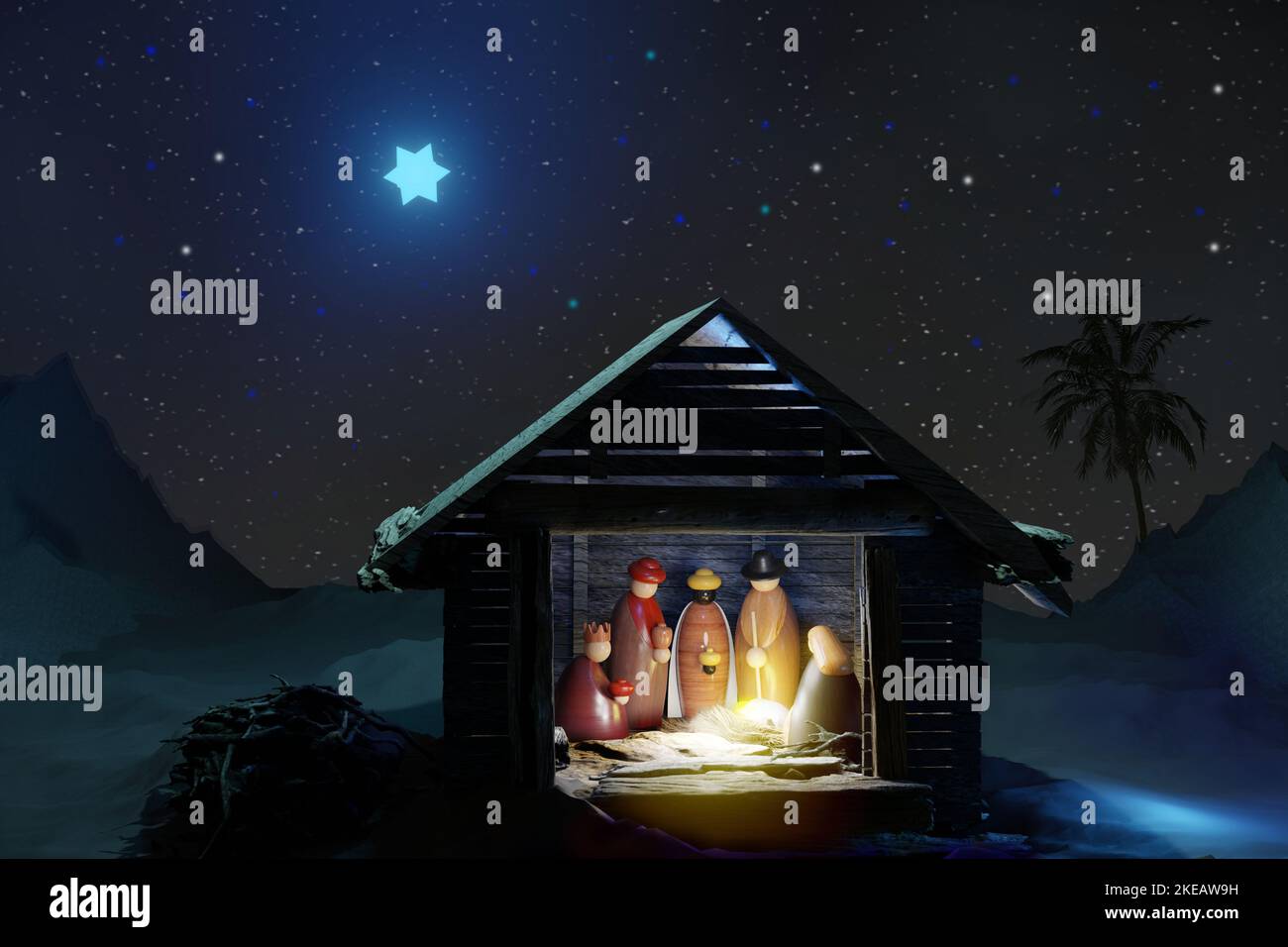 Christmas Nativity scene in Bethlehem with Baby Jesus in manger, Mary