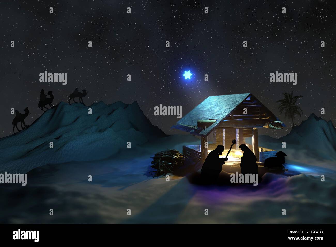 Christmas Nativity scene in Bethlehem with Baby Jesus in manger, Mary