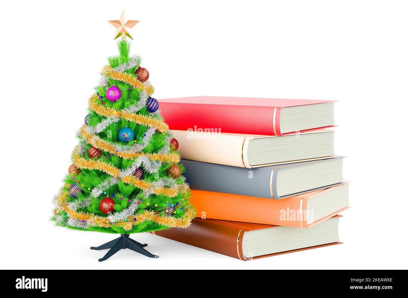 Christmas tree with books. Christmas stories concept, 3D rendering