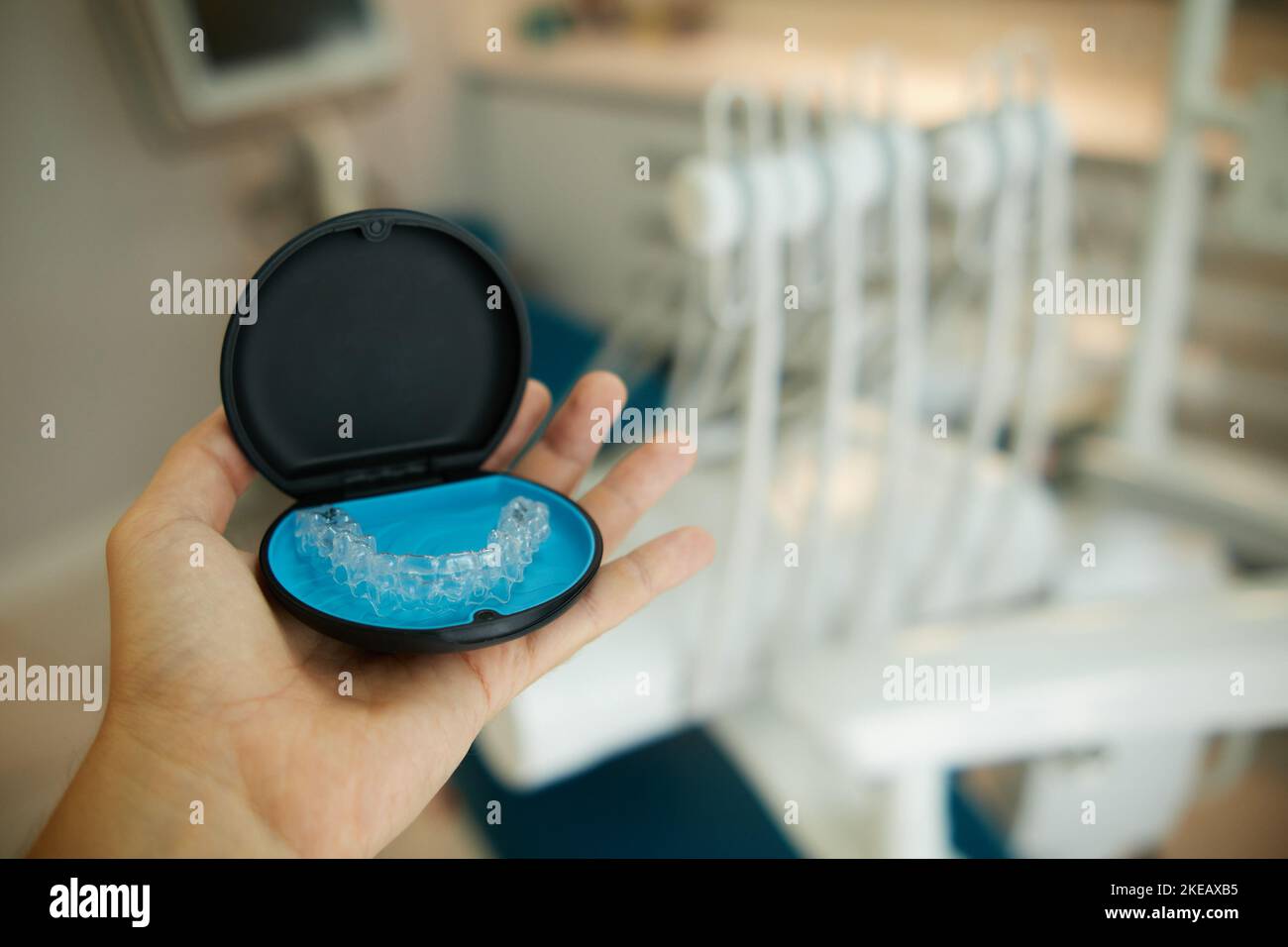 Two invisible dental aligners in the personal box. Orthodontic plastic