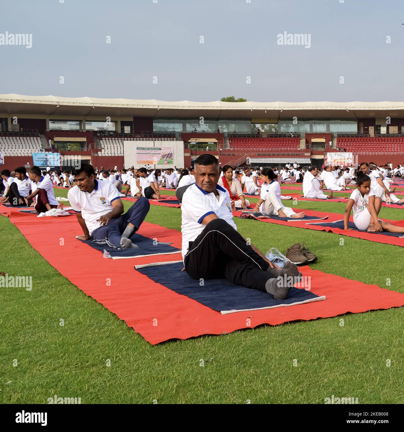 New Delhi, India, June 21 2022 Group Yoga exercise session for people