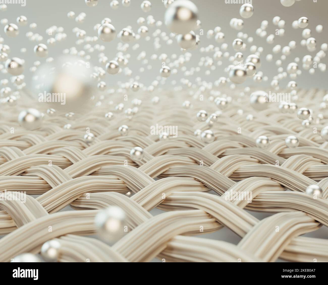 An extreme magnification of a weave of cream individual fabric threads being penetrated by silver molecules on an isolated background - 3D render Stock Photo