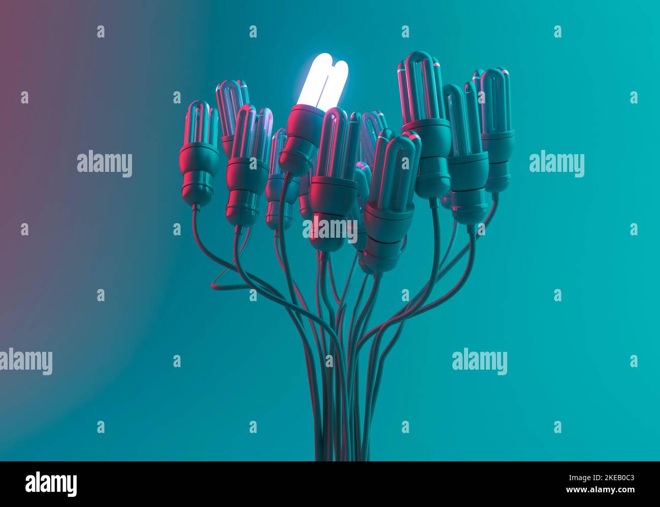 One illuminated light bulb in amongst a collection of dim light bulbs