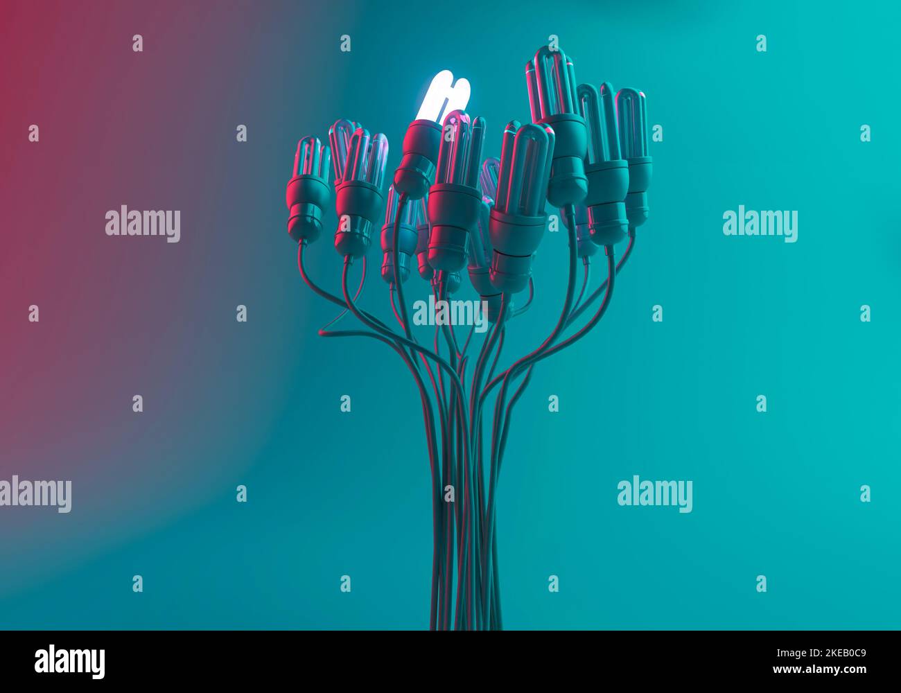 One illuminated light bulb in amongst a collection of dim light bulbs