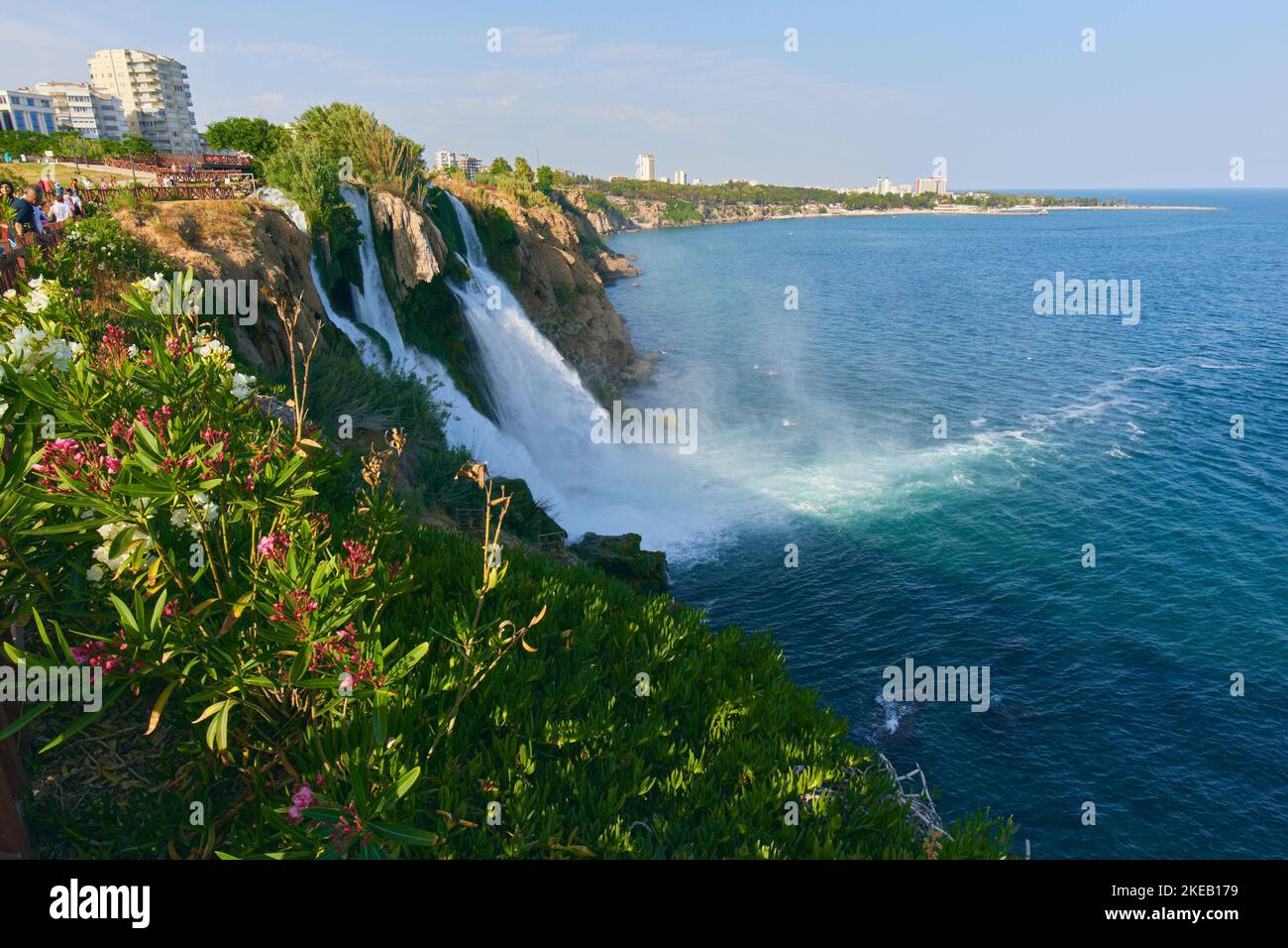 Lower Duden Waterfall in Antalya, Turkey. A beautiful landscape of waterfall, sea and city Stock Photo