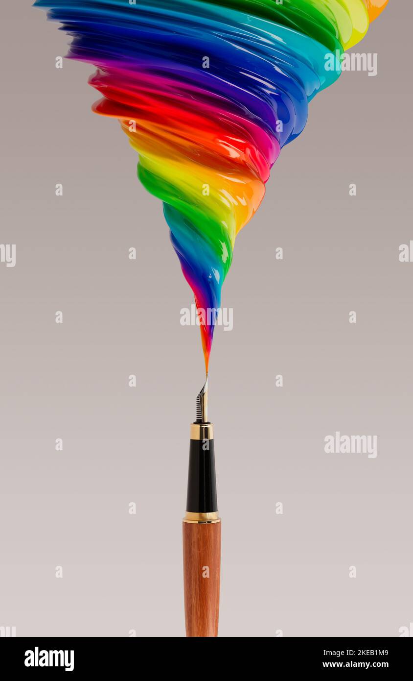 Pen Sticker Render A concept showing a fountain pen jetting out a swirling plume of thick ...