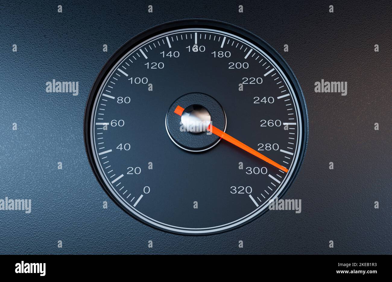 A regular car speedometer with an orange needle pointing towards a high speed on an isolated black background - 3D render Stock Photo