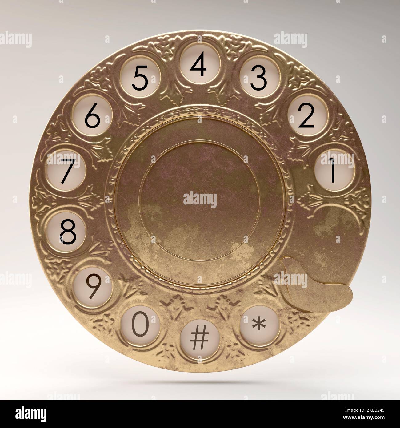 A vintage brass rotary telephone dial with classic embellishments on an