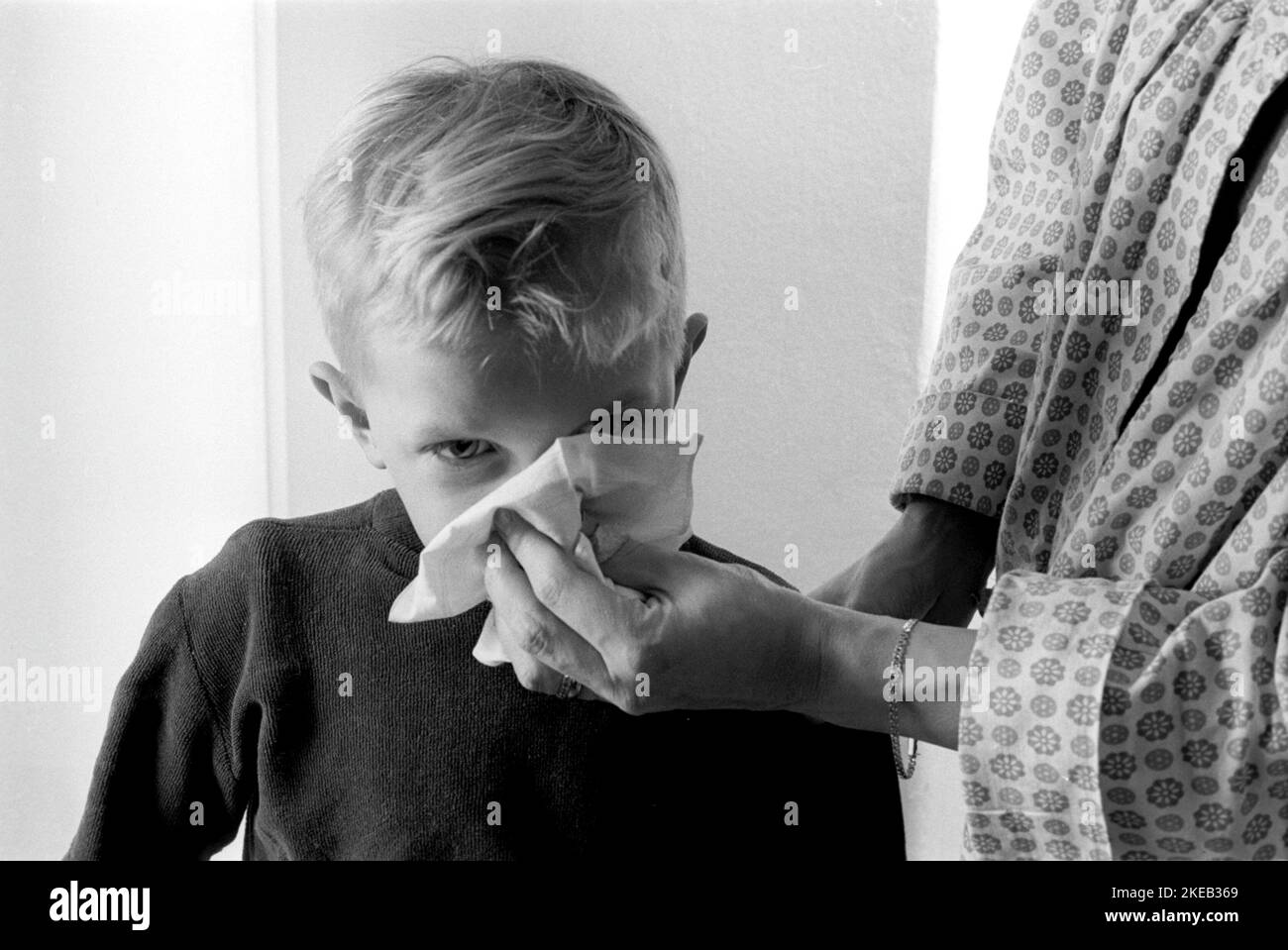 Boy in the 1950s. A mother holds a handkerchief over her sons nose as he blows his nose. Sweden 1956 Conard ref 3157 Stock Photo