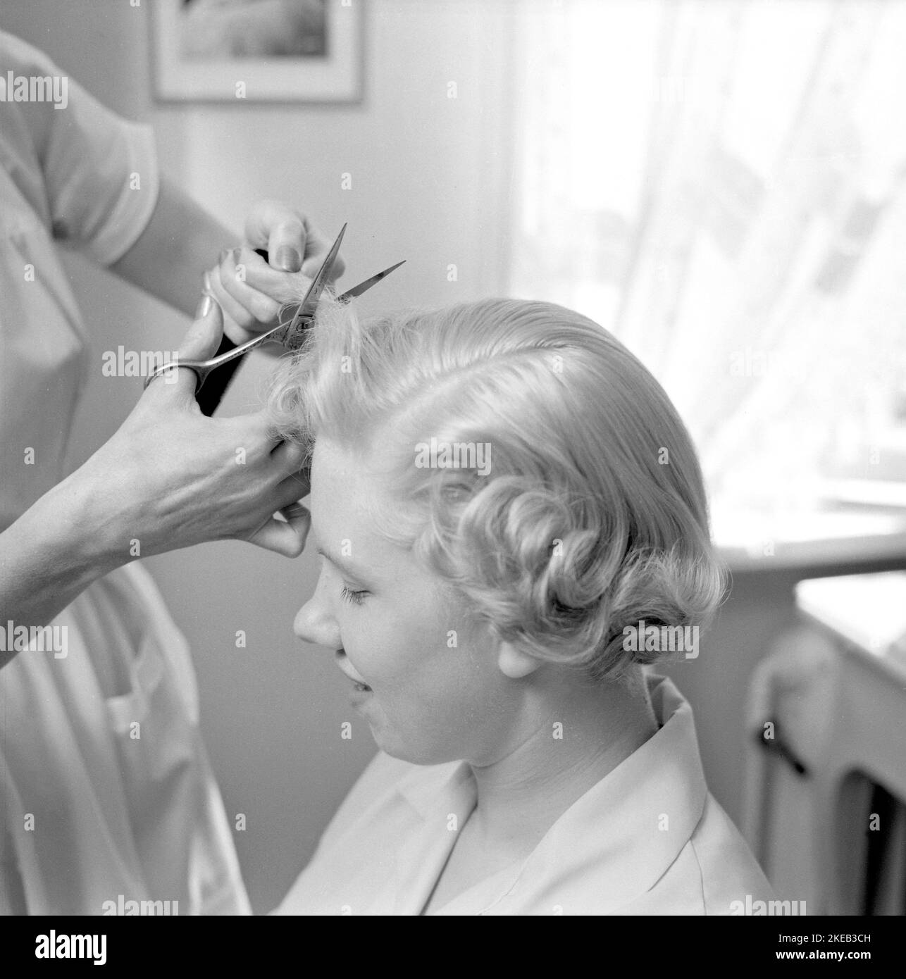 Getting a 1950s hairdo.  A hairdresser is seen cutting the blond woman's hair shorter with a pair of scissors. Sweden 1956. Conard. ref 3226 Stock Photo
