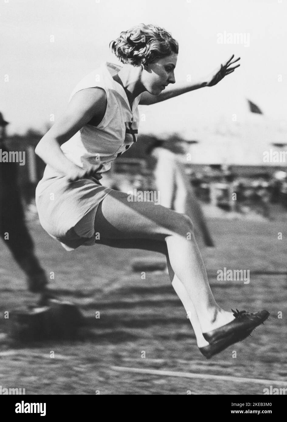 In the 1930s. Swedish athlete Susanne Danielsson pictured in action when competing in the long jump at the Oval arena, Stanley Park in Blackpool England on june 9 1936. Stock Photo