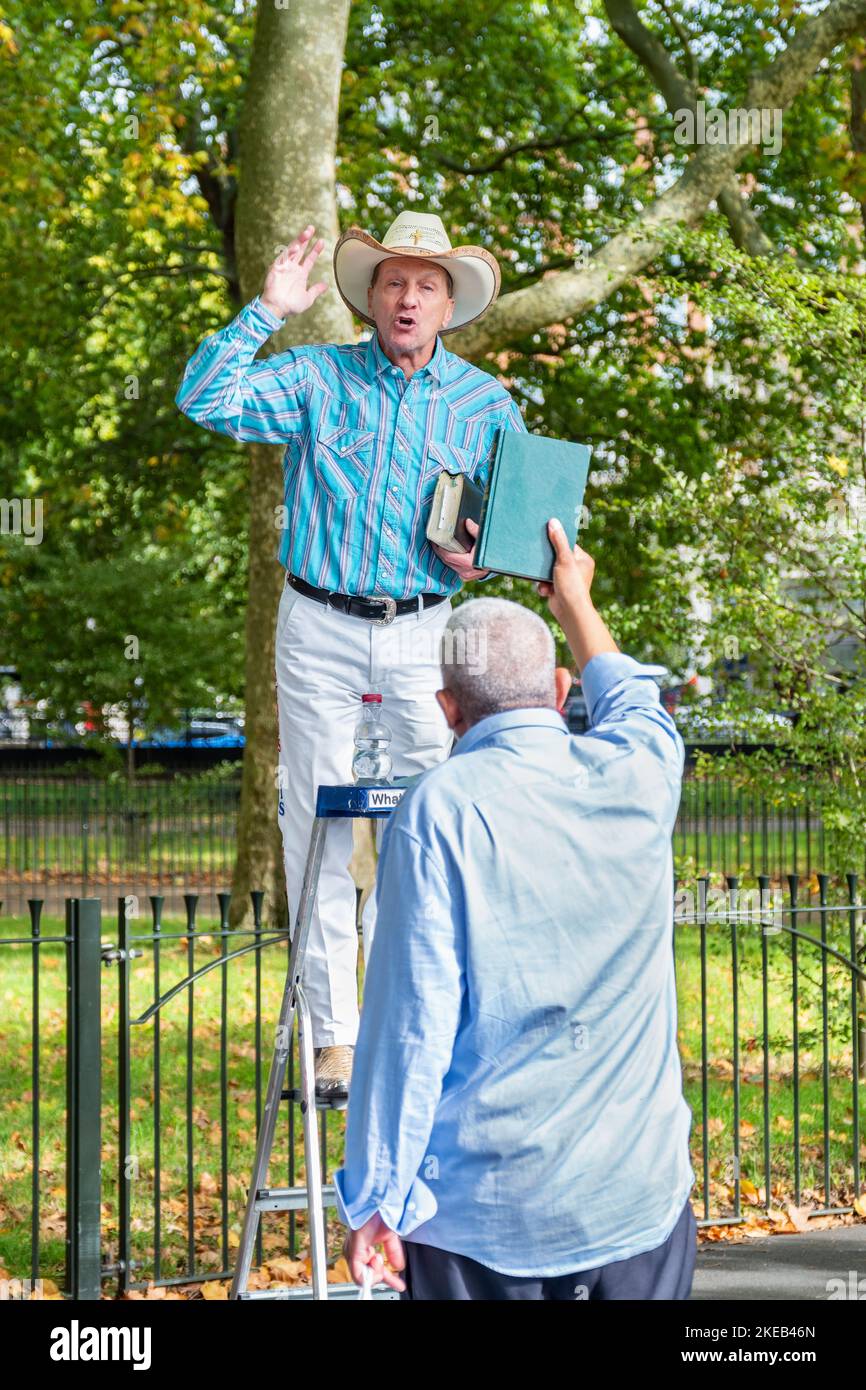 Speaker speaks from a stepladder in Speakers' Corner at Hyde Park