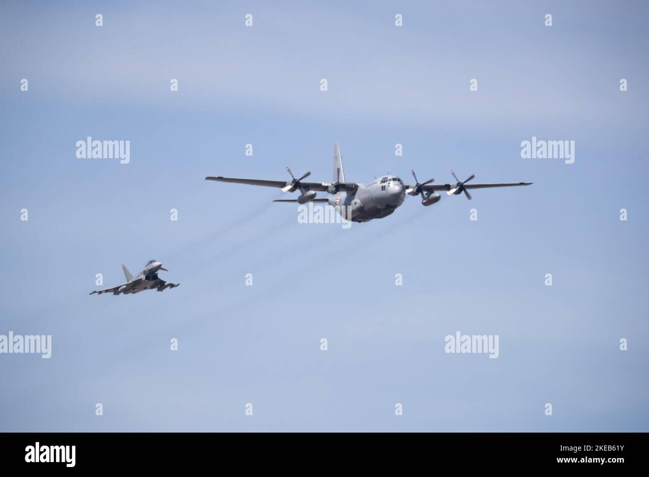 Austrian Air Force C-130K Hercules and Eurofighter performing their Quick Reaction Alert (QRA) role demonstration at the RIAT 2022 Stock Photo