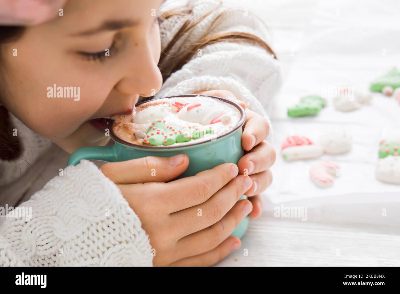 Christmas hot chocolate with snowman marshmallow in the cup Stock Photo