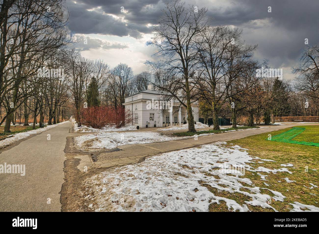 A beautiful view of The New Guardhouse in Lazienki Krolewskie Park in Poland Stock Photo