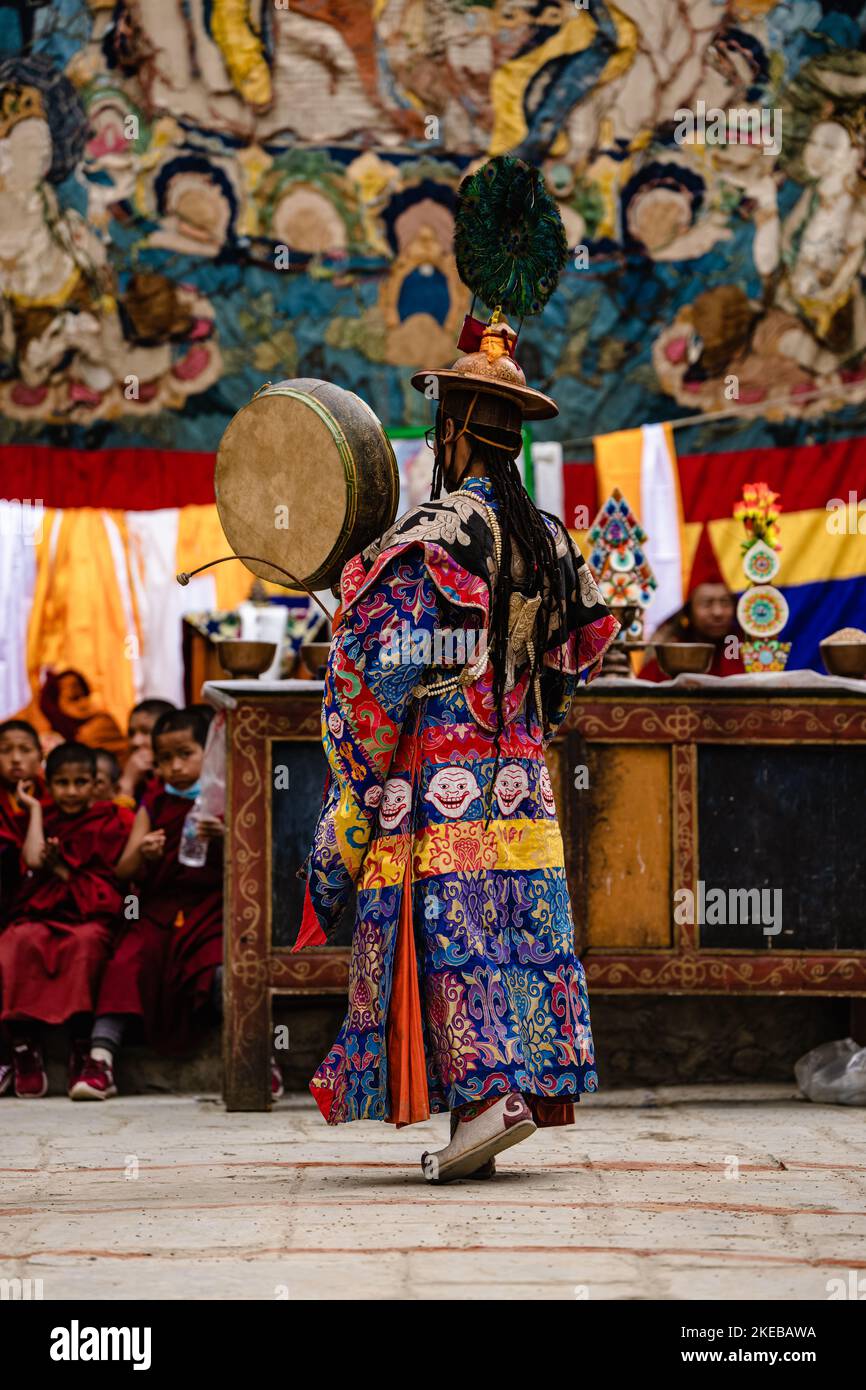 A vertical shot of Tibetan Buddhist in Ritual Dance at the Tiji ...