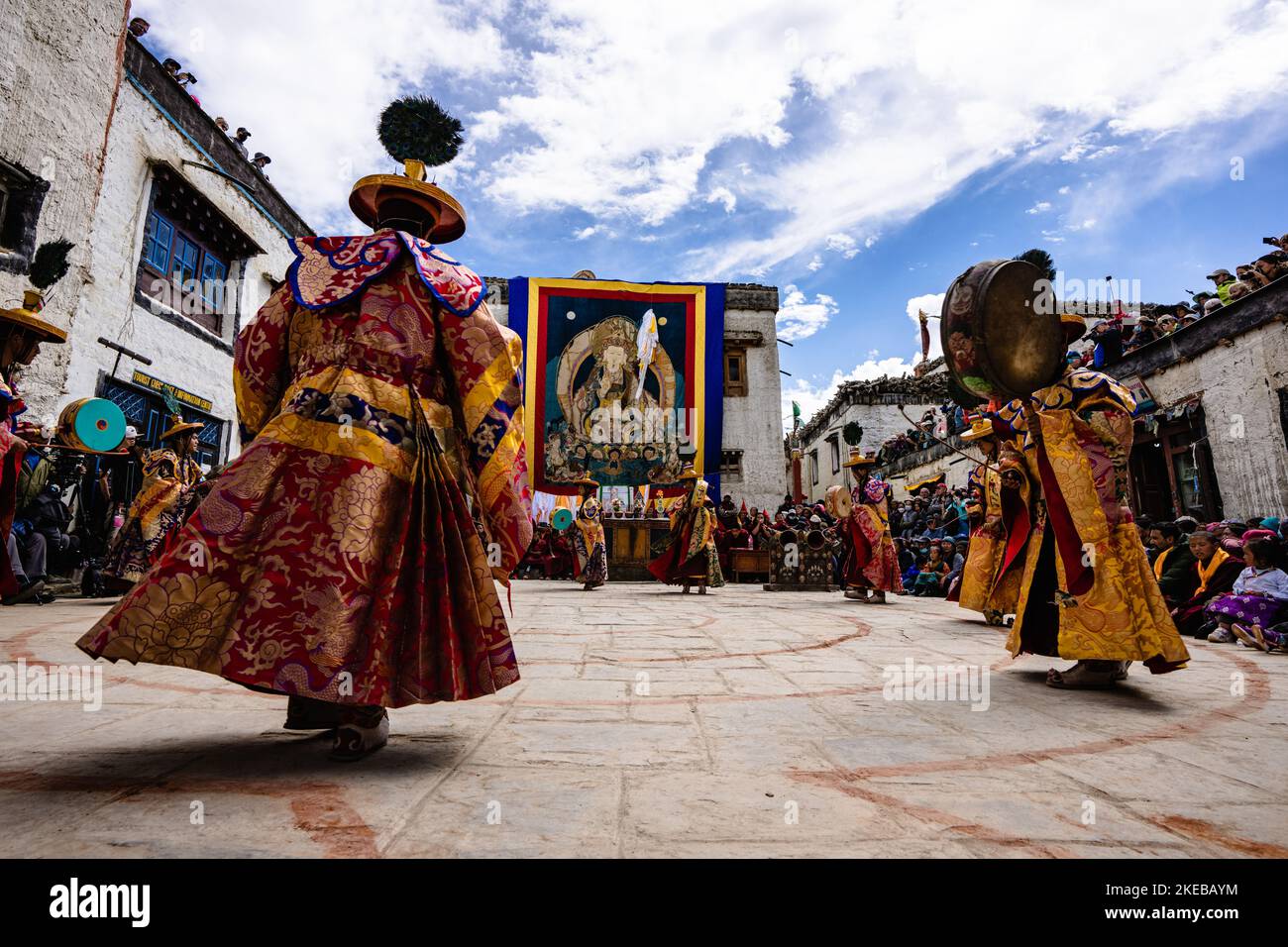 A scenic shot of Tibetan Buddhists in Ritual Dance at the Tiji Festival ...