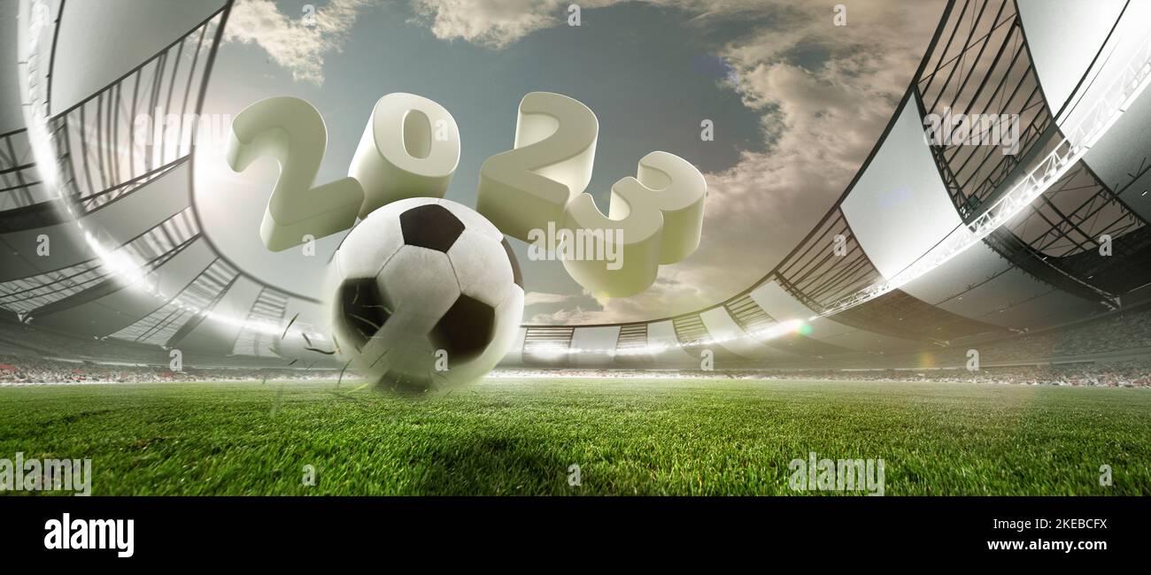 Soccer football ball jumping on green grass of football field at