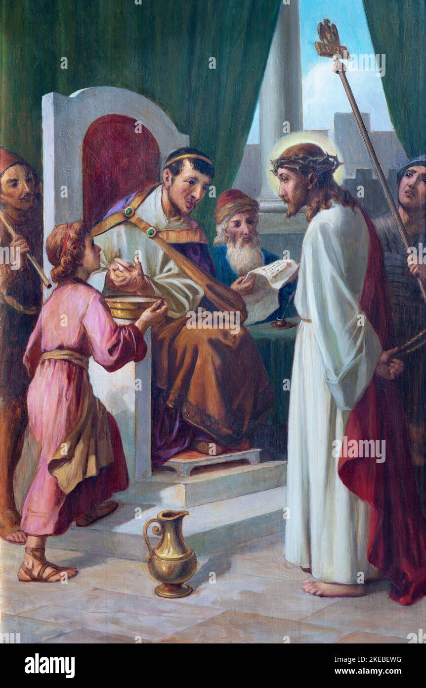 VARALLO, ITALY JULY 17, 2022 The painting Jesus before Pilate as