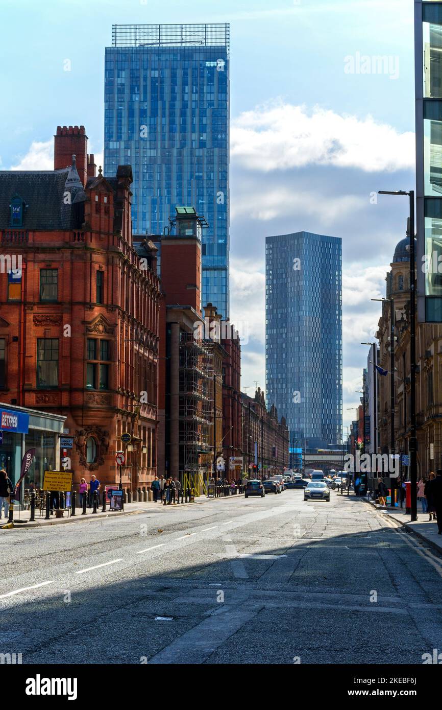 The Beetham Tower and one of the Deansgate Square apartment blocks, from Deansgate, Manchester