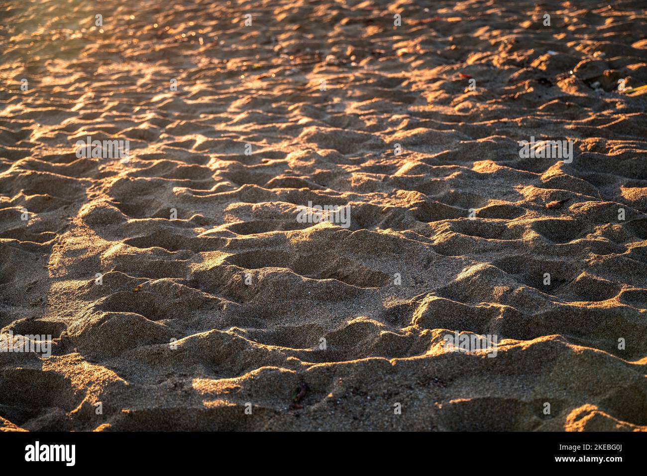 Rippled beach sand in warm sunrise illumination. Stock Photo
