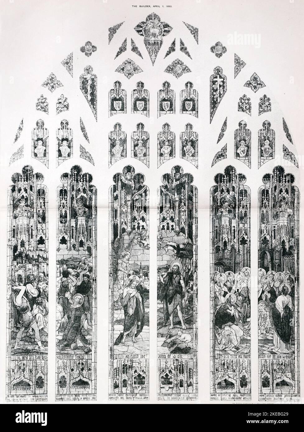 Photolithograph published in The Builder Vol 64 1st April 1893 of the stained glass window by Percy Bacon and Brothers installed in the west of the new baptistry of Manchester Cathedral in 1893. The window theme is Baptism by Blood, Water and Fire and is illustrated by the martyrdom of St. Stephen, the baptism of Christ, and the descent of the Holy Ghost at Pentecost. The works were carried out under the supervision of the Diocesan Architect Joseph Stretch Crowther (1820 - 1893). The window was destroyed in a German bombing raid in December 1942 during World War 2. Stock Photo