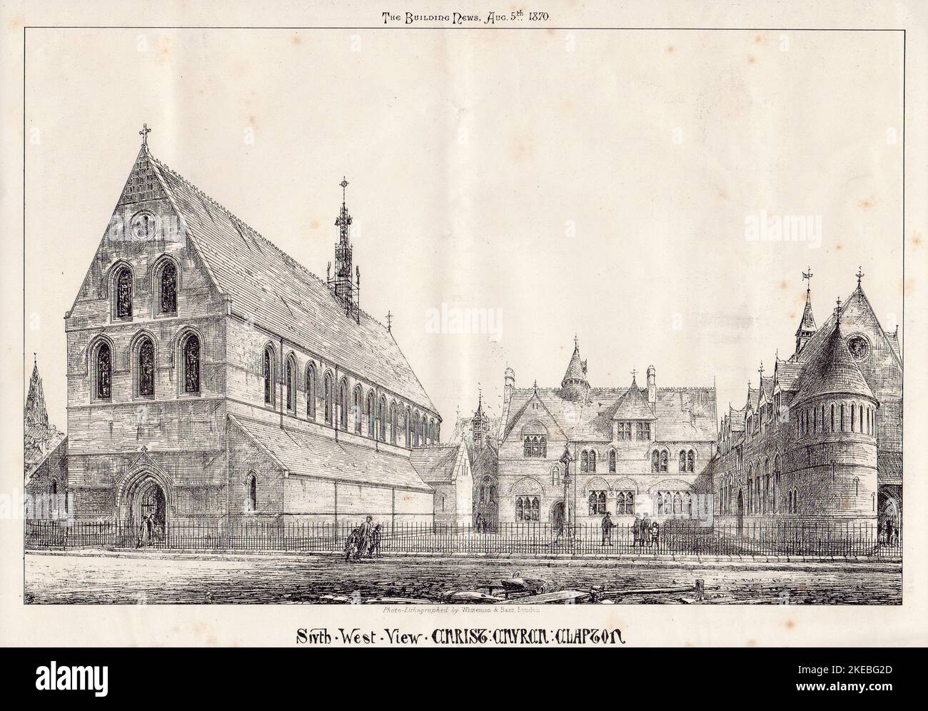 South West View of Christ Church, Kenninghall Road, Clapton, London, published inThe Building News magazine, 5th April 1870. Black and White Illustration/Engraving. This was never built, the commission eventually going to William Wiggington. The foundation stone for Christ Church was laid on 30th August 1870 and the building  consecrated by John Jackson the Bishop of London on 6th May 1871. The church was destroyed during German bombing raids in 1940, and finally demolished in around 1953. Stock Photo