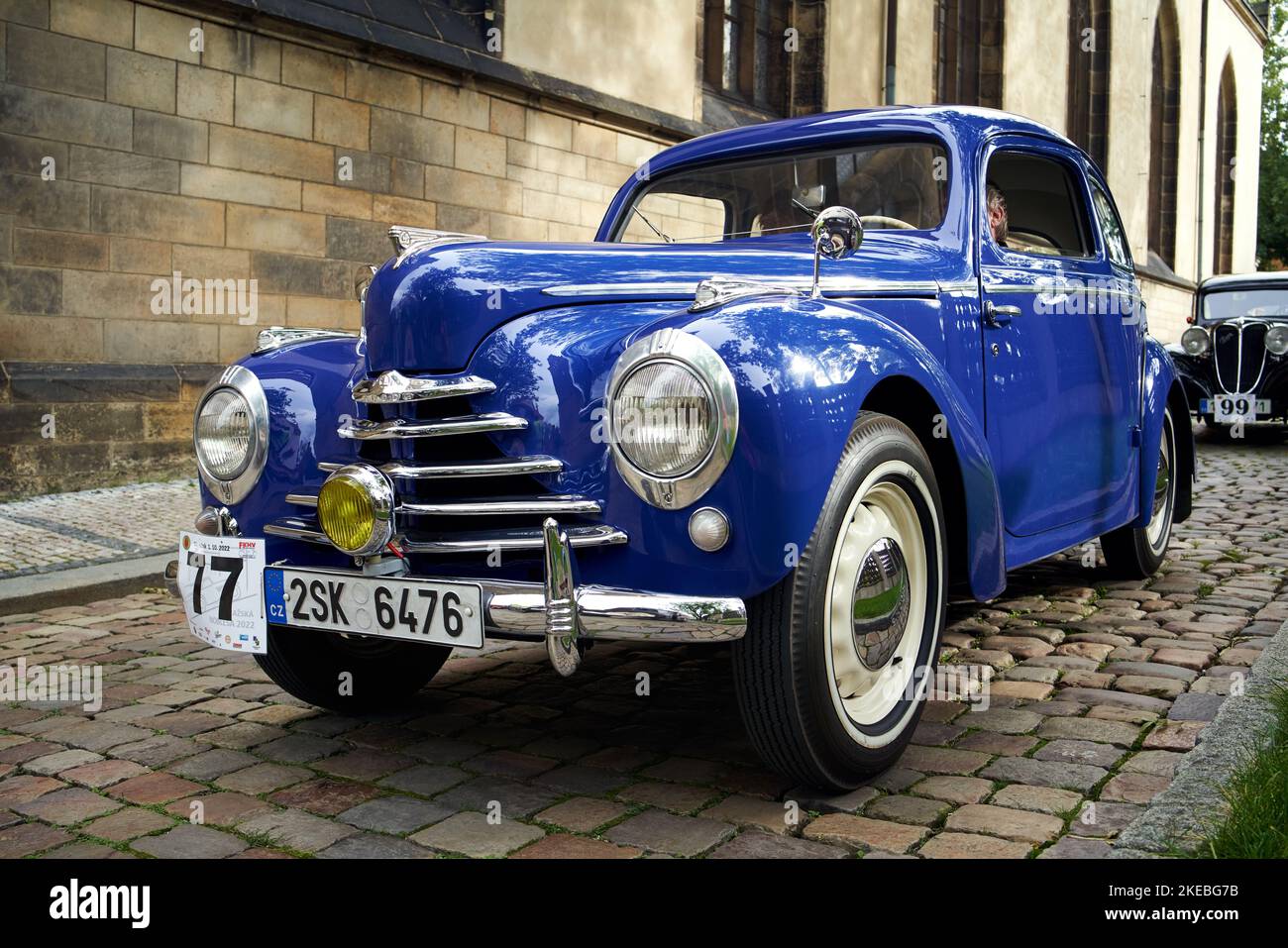 PRAGUE, CZECH REPUBLIC - OCTOBER 1, 2022: Vintage blue Skoda car at the Prazska Noblesa event Stock Photo