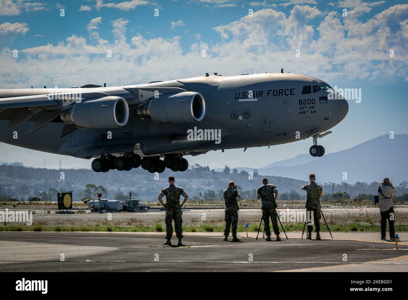 A US Air Force C-17 Globemaster comes in for a landing at the 2022 Miramar Airshow in San Diego, California. Stock Photo