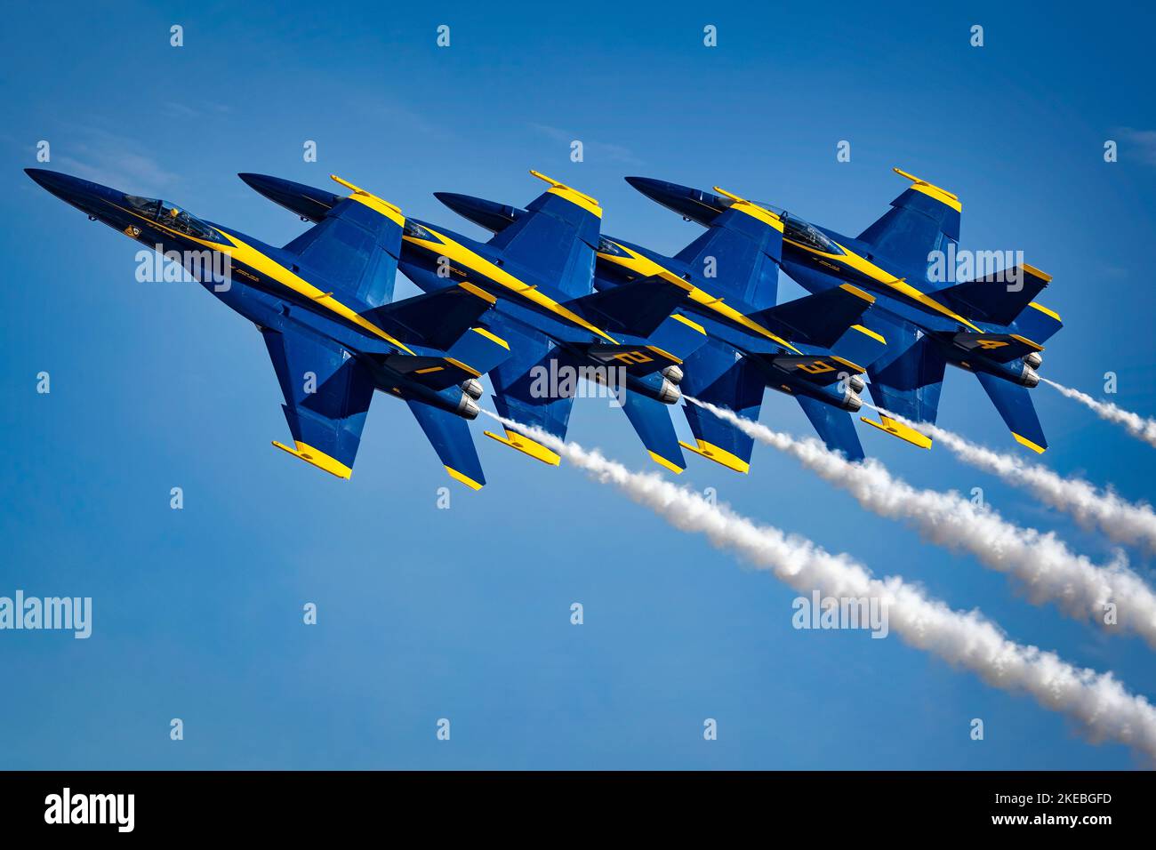 The US Navy Blue Angels, with smoke on, perform at the 2022 Miramar Airshow at San Diego, California. Stock Photo