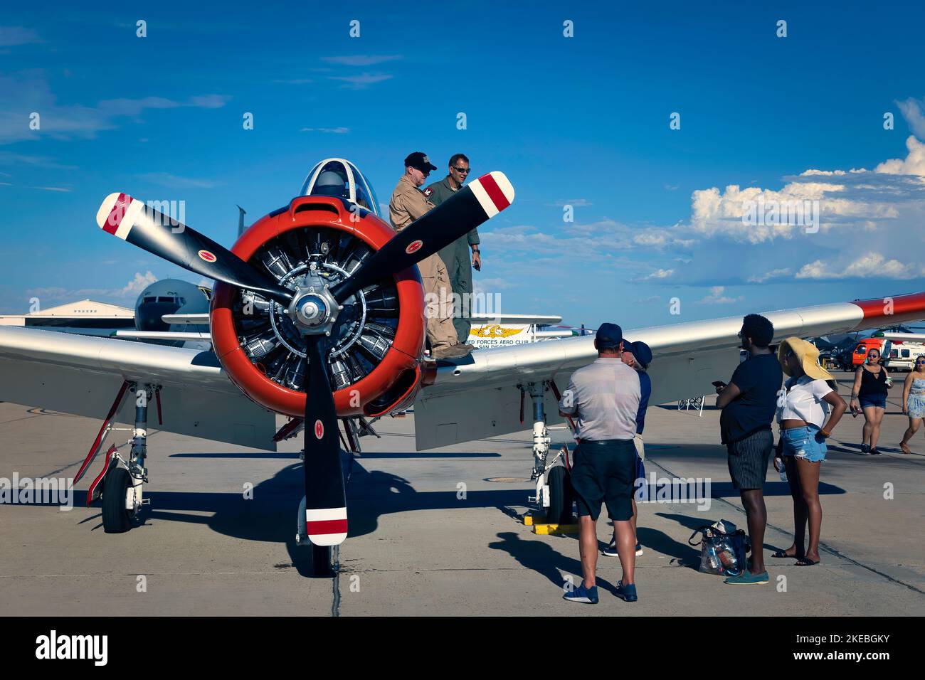 Spectators talk with a pilot of a T-28 Trojan trainer at the 2022 Miramar Airshow in San Diego, California. Stock Photo