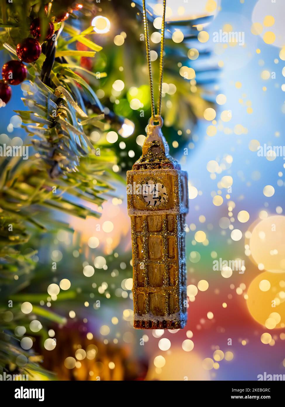 A little, golden Big Ben tower from London as a christmas ornament Stock Photo