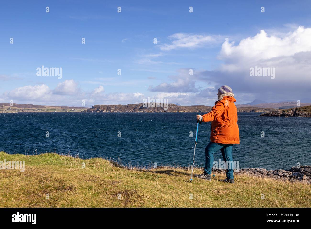 Wonan hiking along Loch Ewe on the Atlantic northwest coast of Scotland Stock Photo