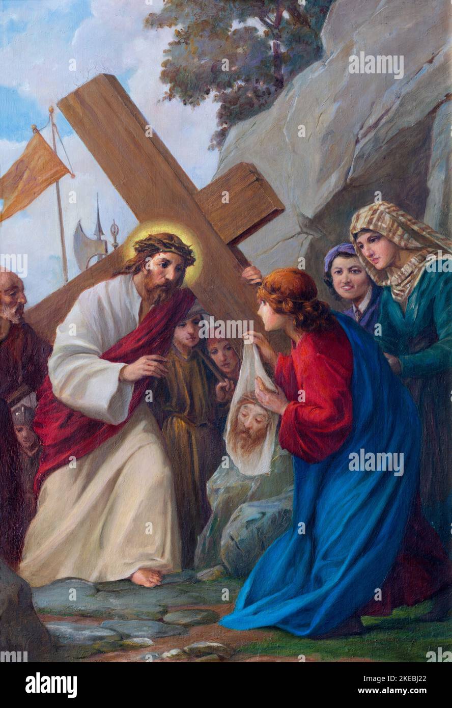 VARALLO, ITALY - JULY 17, 2022: The painting  Veronica wipes the face of Jesus (part ot Via Crucis) in the church Basilica del Sacro Monte Stock Photo