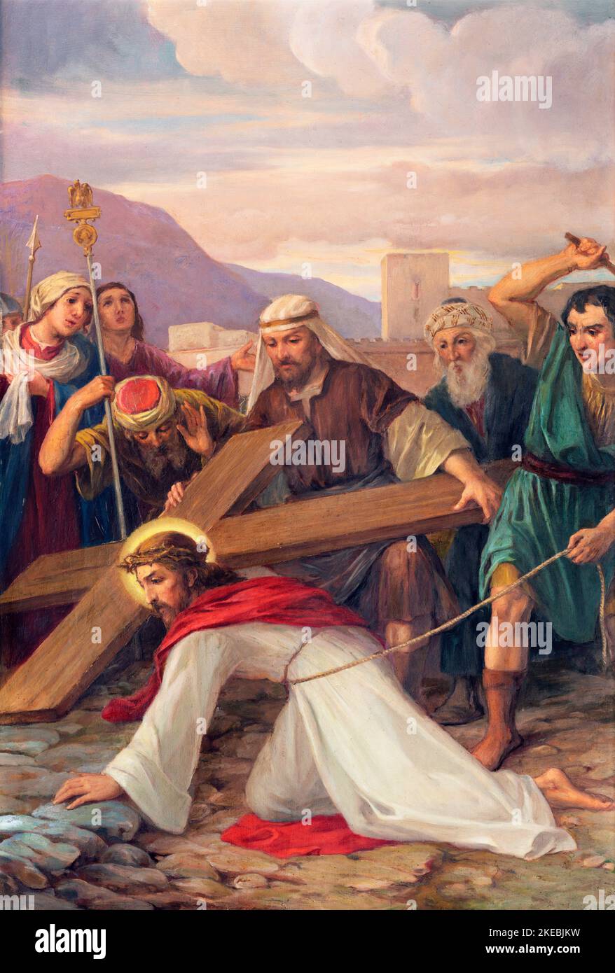 VARALLO, ITALY - JULY 17, 2022: The painting  Fall of Jesus under the cross in the church Basilica del Sacro Monte by Emilio Contini from 20. cent. Stock Photo
