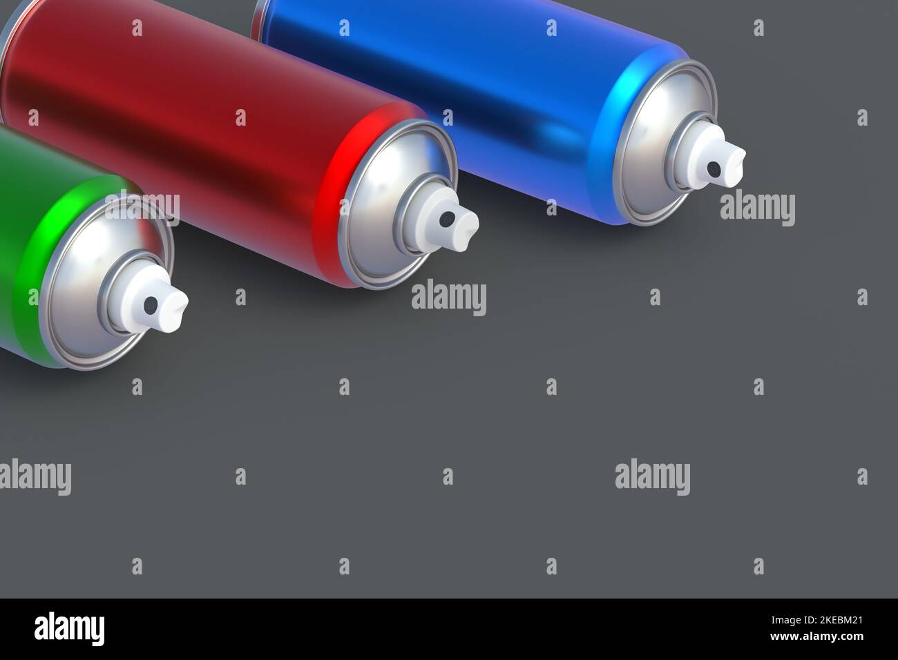 Row of metallic cans of spray paint. Hairspray or lacquer. Disinfectant