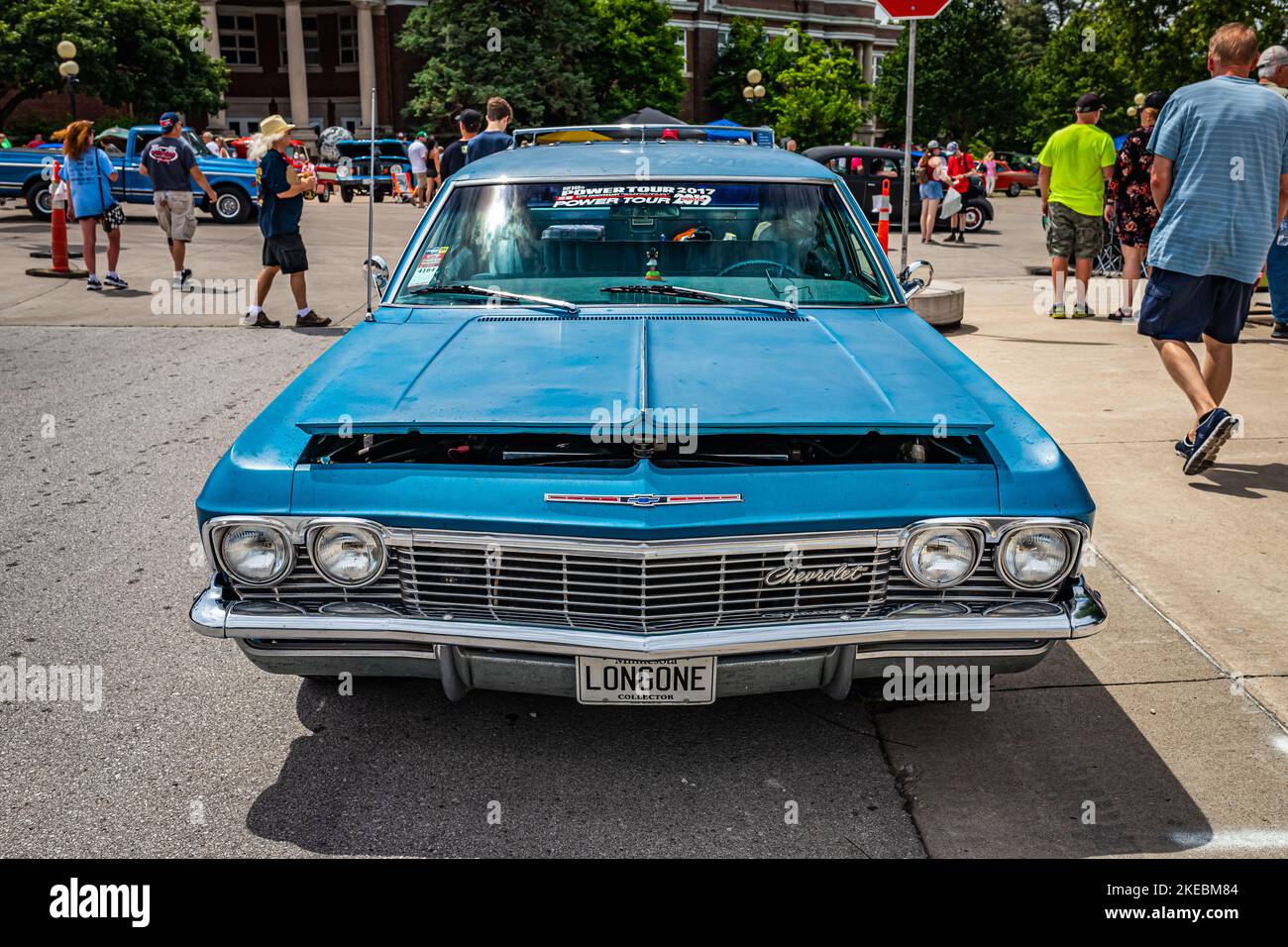 Des Moines, IA - July 02, 2022: High perspective front view of a 1965 Chevrolet Impala Station Wagon at a local car show. Stock Photo