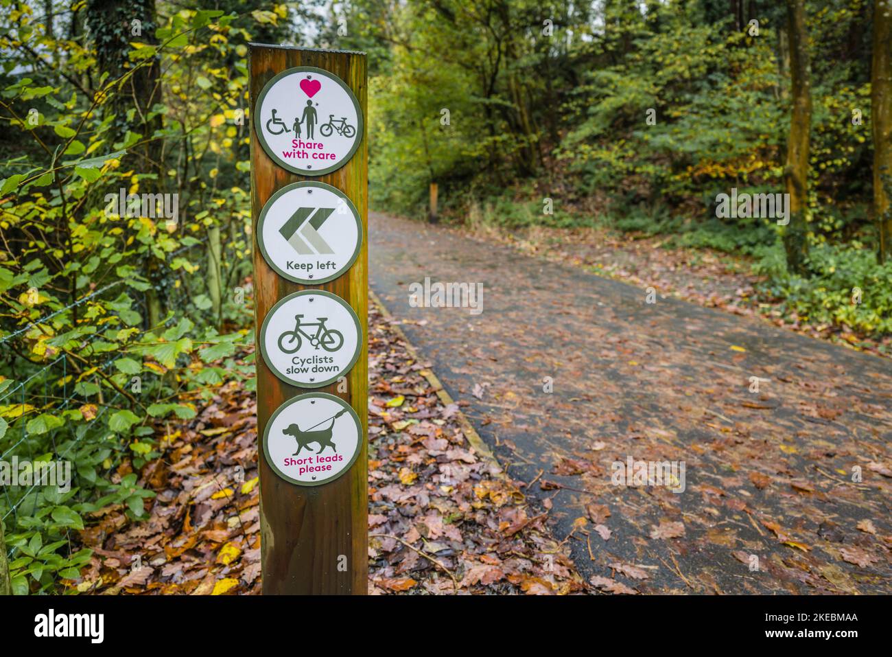 Share the path signs on the Keswick to Threlkeld rail trail, English Lake District. Stock Photo