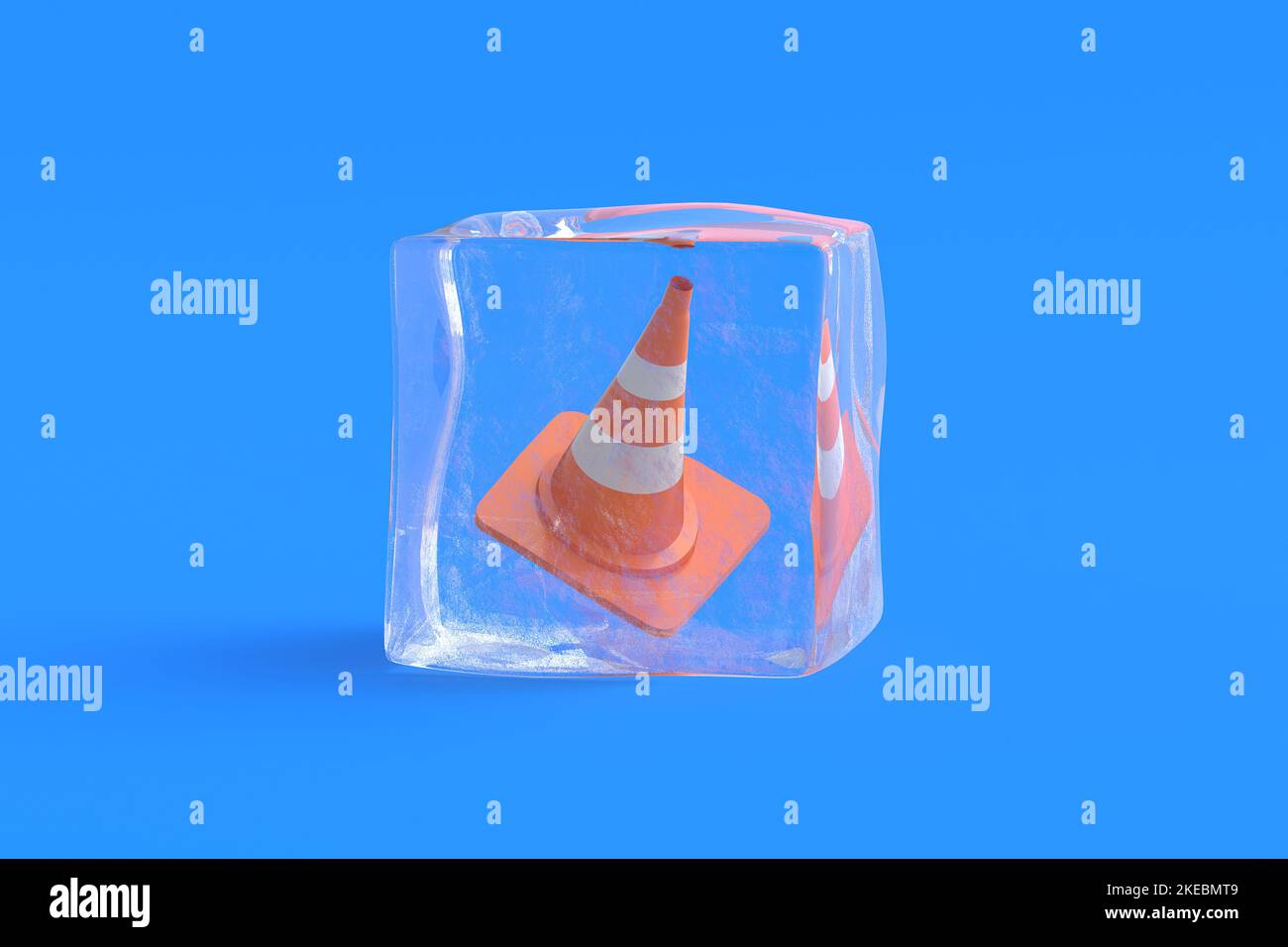 Road cone in ice cube. 3d illustration Stock Photo Alamy