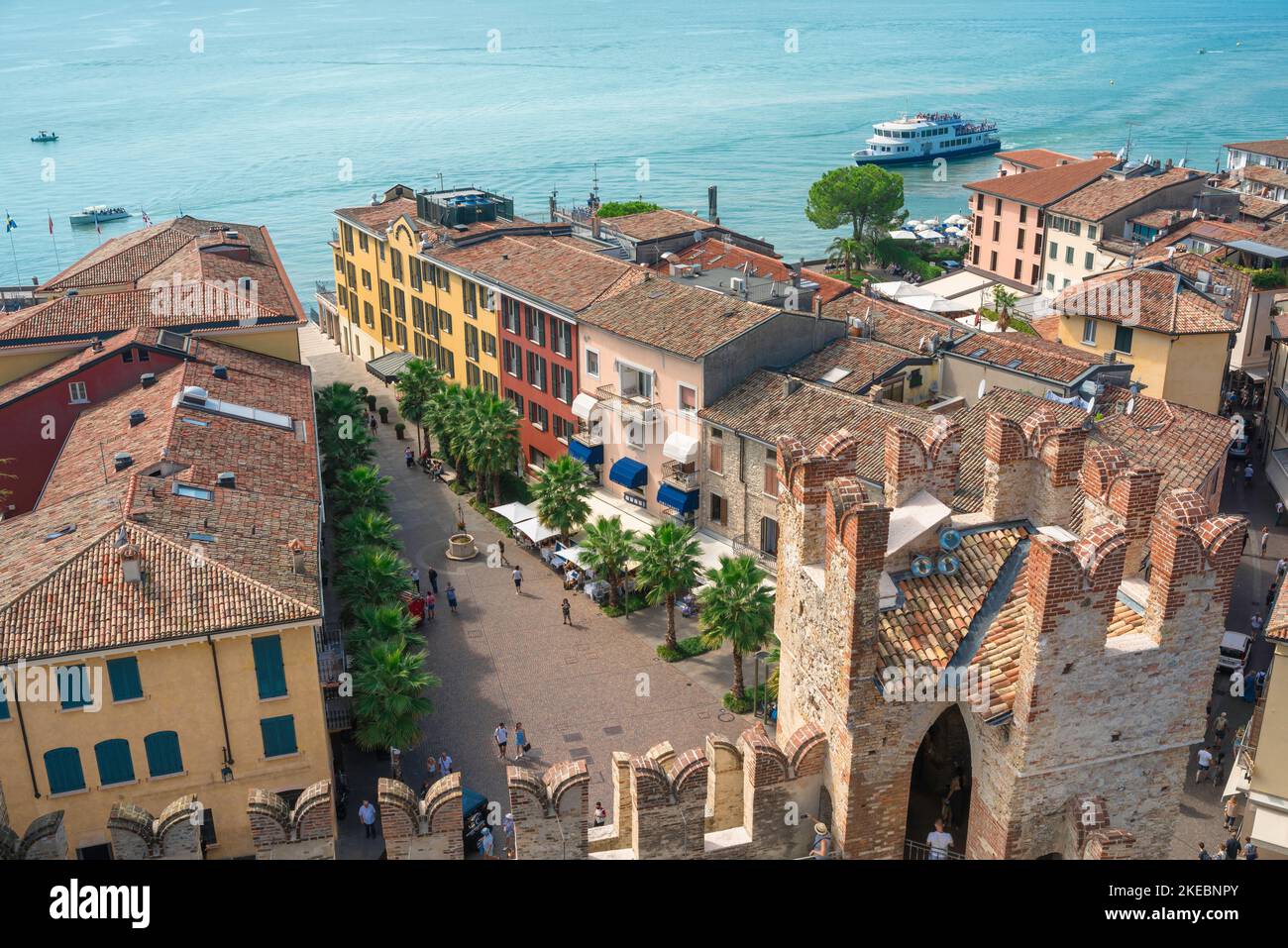 Sirmione Lake Garda, view in summer from Scaligero Castle of the lakefront Piazza Castello in