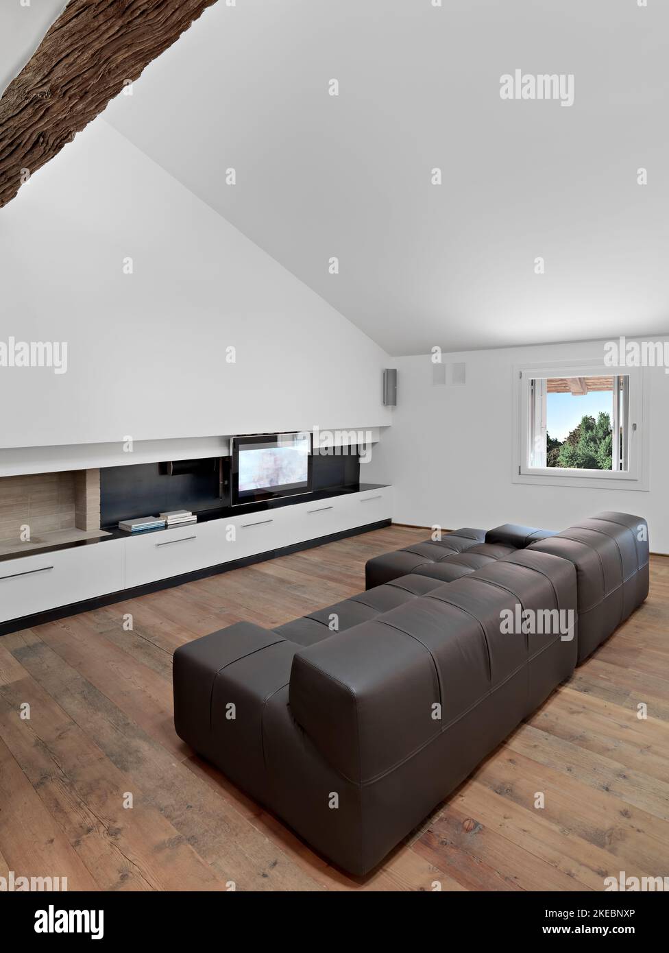 modern living room interior in the foreground the brown leather sofa the flooring is in wood Stock Photo
